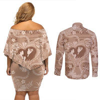 Hawaii Plumeria Couples Matching Off Shoulder Short Dress and Long Sleeve Button Shirt Hau'oli la Makuahine Beige LT7 - Polynesian Pride