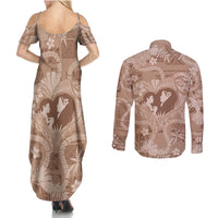 Hawaii Plumeria Couples Matching Summer Maxi Dress and Long Sleeve Button Shirt Hau'oli la Makuahine Beige LT7 - Polynesian Pride