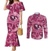 Hawaii Plumeria Couples Matching Mermaid Dress and Long Sleeve Button Shirt Hau'oli la Makuahine Rosy LT7 Pink - Polynesian Pride