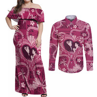 Hawaii Plumeria Couples Matching Off Shoulder Maxi Dress and Long Sleeve Button Shirt Hau'oli la Makuahine Rosy LT7 Pink - Polynesian Pride