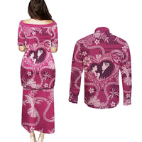 Hawaii Plumeria Couples Matching Puletasi and Long Sleeve Button Shirt Hau'oli la Makuahine Rosy LT7 - Polynesian Pride