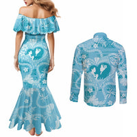 Hawaii Plumeria Couples Matching Mermaid Dress and Long Sleeve Button Shirt Hau'oli la Makuahine Turquoise LT7 - Polynesian Pride