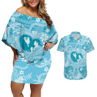 Hawaii Plumeria Couples Matching Off Shoulder Short Dress and Hawaiian Shirt Hau'oli la Makuahine Turquoise LT7 Turquoise - Polynesian Pride