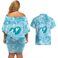 Hawaii Plumeria Couples Matching Off Shoulder Short Dress and Hawaiian Shirt Hau'oli la Makuahine Turquoise LT7 - Polynesian Pride