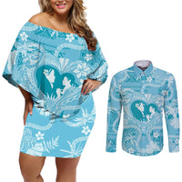 Hawaii Plumeria Couples Matching Off Shoulder Short Dress and Long Sleeve Button Shirt Hau'oli la Makuahine Turquoise LT7 Turquoise - Polynesian Pride