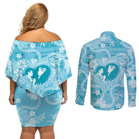 Hawaii Plumeria Couples Matching Off Shoulder Short Dress and Long Sleeve Button Shirt Hau'oli la Makuahine Turquoise LT7 - Polynesian Pride