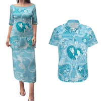 Hawaii Plumeria Couples Matching Puletasi and Hawaiian Shirt Hau'oli la Makuahine Turquoise LT7 Turquoise - Polynesian Pride