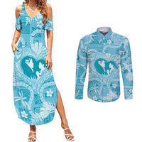 Hawaii Plumeria Couples Matching Summer Maxi Dress and Long Sleeve Button Shirt Hau'oli la Makuahine Turquoise LT7 Turquoise - Polynesian Pride