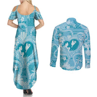 Hawaii Plumeria Couples Matching Summer Maxi Dress and Long Sleeve Button Shirt Hau'oli la Makuahine Turquoise LT7 - Polynesian Pride