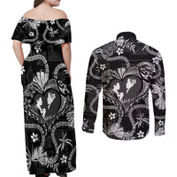 Hawaii Plumeria Couples Matching Off Shoulder Maxi Dress and Long Sleeve Button Shirt Hau'oli la Makuahine Monochrome LT7 - Polynesian Pride