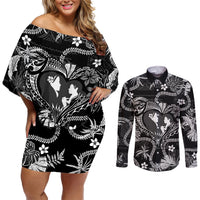 Hawaii Plumeria Couples Matching Off Shoulder Short Dress and Long Sleeve Button Shirt Hau'oli la Makuahine Monochrome LT7 Black - Polynesian Pride