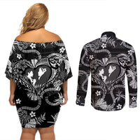 Hawaii Plumeria Couples Matching Off Shoulder Short Dress and Long Sleeve Button Shirt Hau'oli la Makuahine Monochrome LT7 - Polynesian Pride
