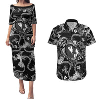 Hawaii Plumeria Couples Matching Puletasi and Hawaiian Shirt Hau'oli la Makuahine Monochrome LT7 Black - Polynesian Pride