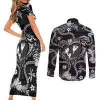 Hawaii Plumeria Couples Matching Short Sleeve Bodycon Dress and Long Sleeve Button Shirt Hau'oli la Makuahine Monochrome LT7 - Polynesian Pride