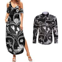 Hawaii Plumeria Couples Matching Summer Maxi Dress and Long Sleeve Button Shirt Hau'oli la Makuahine Monochrome LT7 Black - Polynesian Pride