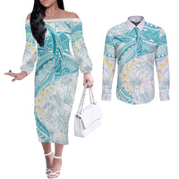 Polynesia Humpback Whale Couples Matching Off The Shoulder Long Sleeve Dress and Long Sleeve Button Shirt Tropical Plumeria Turquoise