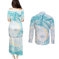 Polynesia Humpback Whale Couples Matching Puletasi and Long Sleeve Button Shirt Tropical Plumeria Turquoise