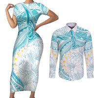 Polynesia Humpback Whale Couples Matching Short Sleeve Bodycon Dress and Long Sleeve Button Shirt Tropical Plumeria Turquoise