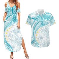 Polynesia Humpback Whale Couples Matching Summer Maxi Dress and Hawaiian Shirt Tropical Plumeria Turquoise