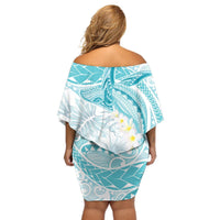Polynesia Humpback Whale Off Shoulder Short Dress Tropical Plumeria Turquoise LT7 - Polynesian Pride