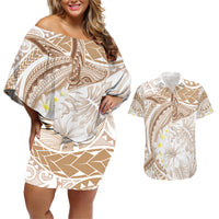 Polynesia Humpback Whale Couples Matching Off Shoulder Short Dress and Hawaiian Shirt Tropical Plumeria Beige