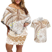 Polynesia Humpback Whale Couples Matching Off Shoulder Short Dress and Hawaiian Shirt Tropical Plumeria Beige LT7 Beige - Polynesian Pride