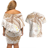 Polynesia Humpback Whale Couples Matching Off Shoulder Short Dress and Hawaiian Shirt Tropical Plumeria Beige