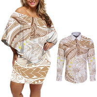 Polynesia Humpback Whale Couples Matching Off Shoulder Short Dress and Long Sleeve Button Shirt Tropical Plumeria Beige LT7 Beige - Polynesian Pride