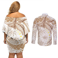 Polynesia Humpback Whale Couples Matching Off Shoulder Short Dress and Long Sleeve Button Shirt Tropical Plumeria Beige LT7 - Polynesian Pride