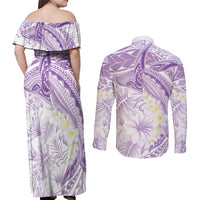 Polynesia Humpback Whale Couples Matching Off Shoulder Maxi Dress and Long Sleeve Button Shirt Tropical Plumeria Lavender