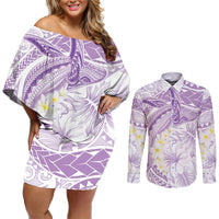 Polynesia Humpback Whale Couples Matching Off Shoulder Short Dress and Long Sleeve Button Shirt Tropical Plumeria Lavender LT7 Lavender - Polynesian Pride