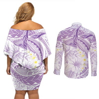 Polynesia Humpback Whale Couples Matching Off Shoulder Short Dress and Long Sleeve Button Shirt Tropical Plumeria Lavender LT7 - Polynesian Pride