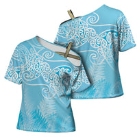 Aotearoa Maori Koru Curves Cross Shoulder Shirt Silver Ferns - Turquoise