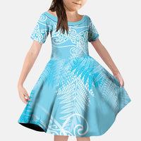 Aotearoa Maori Koru Curves Family Matching Mermaid Dress and Hawaiian Shirt Silver Ferns - Turquoise LT7 Daughter's Dress Turquoise - Polynesian Pride