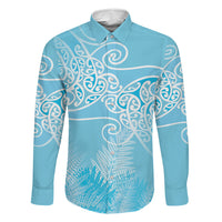 Aotearoa Maori Koru Curves Family Matching Off The Shoulder Long Sleeve Dress and Hawaiian Shirt Silver Ferns - Turquoise LT7 Dad's Shirt - Long Sleeve Turquoise - Polynesian Pride