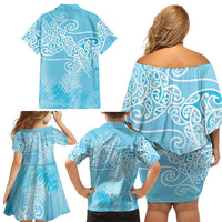 Aotearoa Maori Koru Curves Family Matching Off Shoulder Short Dress and Hawaiian Shirt Silver Ferns - Turquoise LT7 - Polynesian Pride
