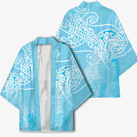 Aotearoa Maori Koru Curves Kimono Silver Ferns - Turquoise