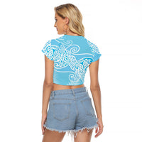 Aotearoa Maori Koru Curves Raglan Cropped T Shirt Silver Ferns - Turquoise