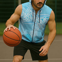 Aotearoa Maori Koru Curves Sleeveless Zip Hoodie Silver Ferns - Turquoise