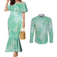 Aotearoa Maori Koru Curves Couples Matching Mermaid Dress and Long Sleeve Button Shirt Silver Ferns - Mint