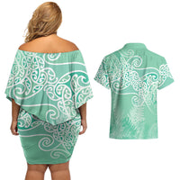Aotearoa Maori Koru Curves Couples Matching Off Shoulder Short Dress and Hawaiian Shirt Silver Ferns - Mint