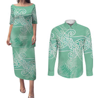 Aotearoa Maori Koru Curves Couples Matching Puletasi and Long Sleeve Button Shirt Silver Ferns - Mint