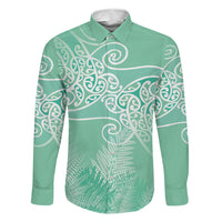 Aotearoa Maori Koru Curves Family Matching Mermaid Dress and Hawaiian Shirt Silver Ferns - Mint LT7 Dad's Shirt - Long Sleeve Mint Green - Polynesian Pride