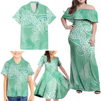 Aotearoa Maori Koru Curves Family Matching Off Shoulder Maxi Dress and Hawaiian Shirt Silver Ferns - Mint