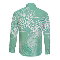 Aotearoa Maori Koru Curves Long Sleeve Button Shirt Silver Ferns - Mint