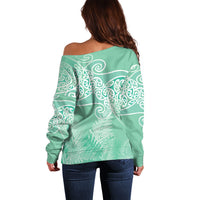 Aotearoa Maori Koru Curves Off Shoulder Sweater Silver Ferns - Mint
