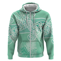 Aotearoa Maori Koru Curves Zip Hoodie Silver Ferns - Mint