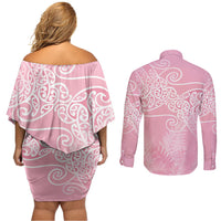 Aotearoa Maori Koru Curves Couples Matching Off Shoulder Short Dress and Long Sleeve Button Shirt Silver Ferns - Rose Pink