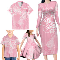 Aotearoa Maori Koru Curves Family Matching Long Sleeve Bodycon Dress and Hawaiian Shirt Silver Ferns - Rose Pink LT7 - Polynesian Pride