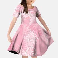 Aotearoa Maori Koru Curves Family Matching Off The Shoulder Long Sleeve Dress and Hawaiian Shirt Silver Ferns - Rose Pink LT7 Daughter's Dress Pink - Polynesian Pride